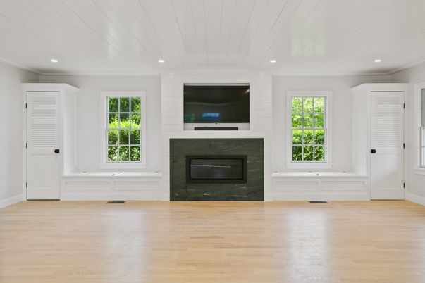 Empty room, Fireplace, Interior, Recessed Lighting, Wood Texture Flooring