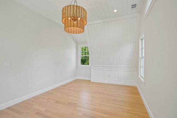 Chandelier, Empty room, Interior, Recessed Lighting, Wood Texture Flooring