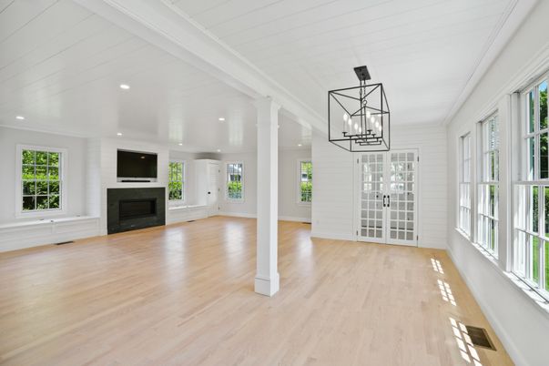 Empty room, Fireplace, Interior, Pendant Lights, Recessed Lighting, Wood Texture Flooring