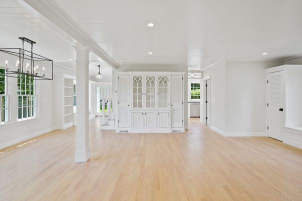 Empty room, Interior, Pendant Lights, Recessed Lighting, Wood Texture Flooring