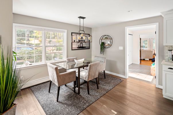 Dining room, Interior, Pendant Lights, Wood Texture Flooring