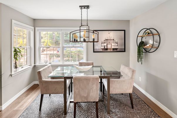 Dining room, Interior, Pendant Lights, Wood Texture Flooring