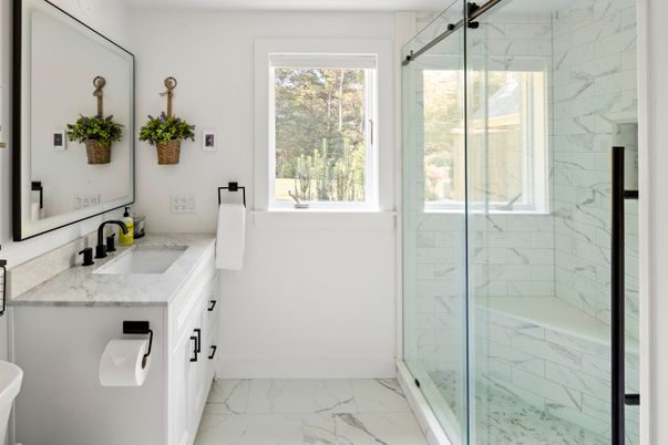 Bathroom, Dual Sink Vanities, Glass Shower, Interior, Marble, Marble Walls