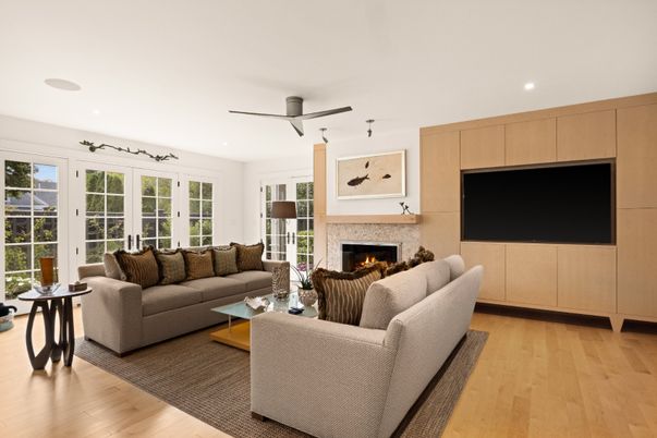 Fireplace, Interior, Living room, Recessed Lighting, Wood Texture Flooring