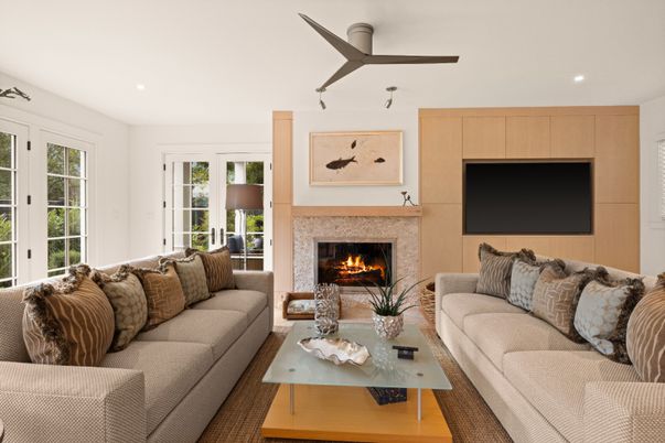 Fireplace, Interior, Living room, Recessed Lighting, Wood Texture Flooring