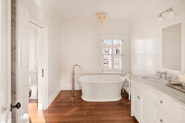 Bathroom, Dual Sink Vanities, Free Standing Baths, Interior, Wood Texture Flooring
