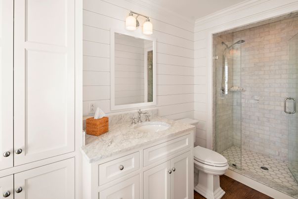 Bathroom, Glass Shower, Interior, Wood Texture Flooring
