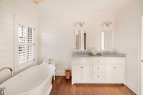 Bathroom, Dual Sink Vanities, Free Standing Baths, Interior, Wood Texture Flooring