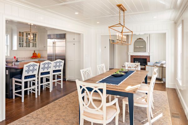 Dining room, Fireplace, Interior, Kitchen, Pendant Lights, Recessed Lighting, Wood Texture Flooring