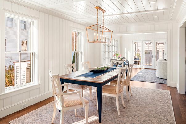 Dining room, Interior, Pendant Lights, Recessed Lighting, Wood Texture Flooring