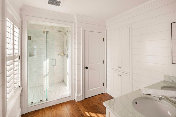 Bathroom, Glass Shower, Interior, Wood Texture Flooring