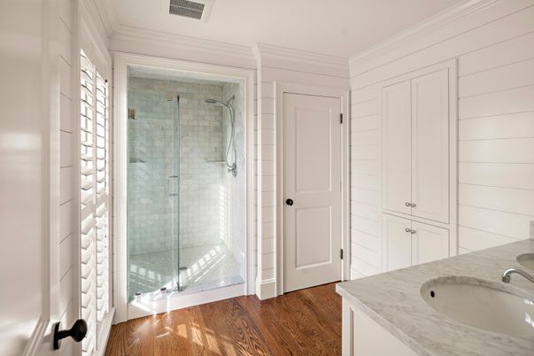 Bathroom, Glass Shower, Interior, Wood Texture Flooring