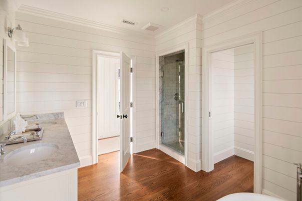 Bathroom, Glass Shower, Interior, Wood Texture Flooring