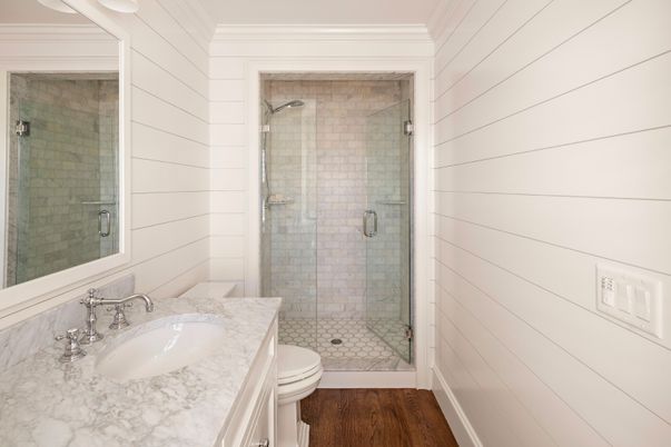 Bathroom, Glass Shower, Interior, Wood Texture Flooring