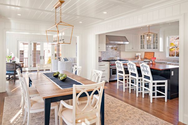 Dining room, Interior, Kitchen, Pendant Lights, Recessed Lighting, Wood Texture Flooring