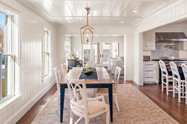 Dining room, Interior, Kitchen, Pendant Lights, Recessed Lighting, Wood Texture Flooring