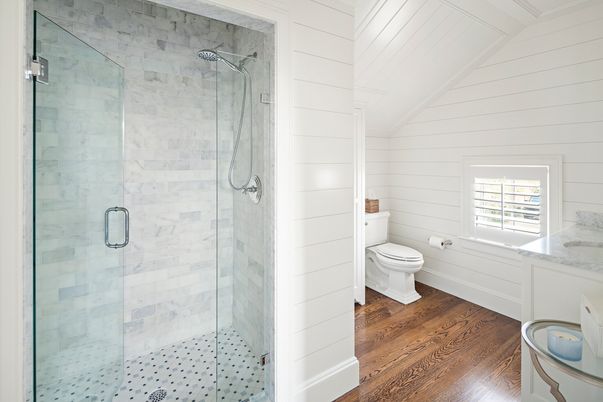 Bathroom, Glass Shower, Interior, Wood Texture Flooring