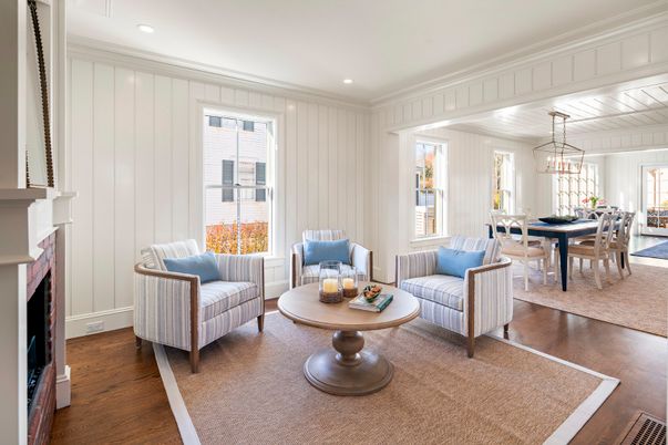 Dining room, Fireplace, Interior, Living room, Pendant Lights, Recessed Lighting, Wood Texture Flooring