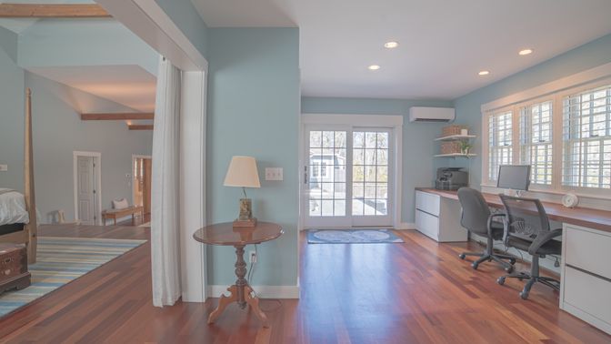 Home Office, Interior, Recessed Lighting, Wood Texture Flooring