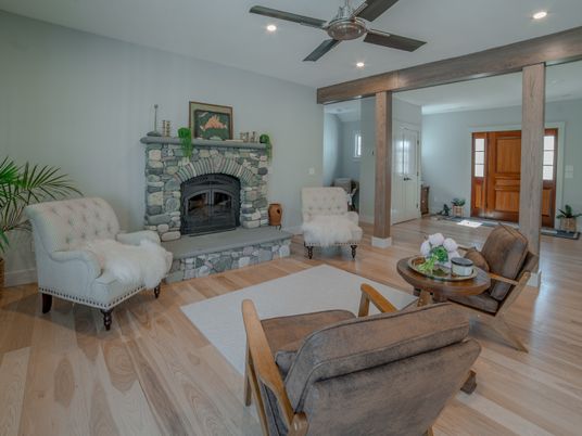 Fireplace, Interior, Living room, Recessed Lighting, Wood Texture Flooring