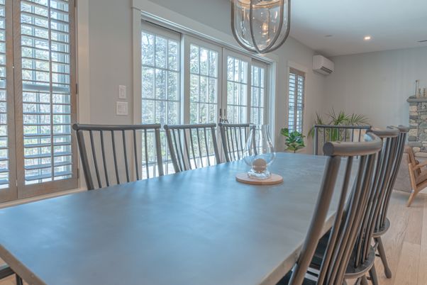Dining room, Interior, Pendant Lights, Recessed Lighting, Wood Texture Flooring
