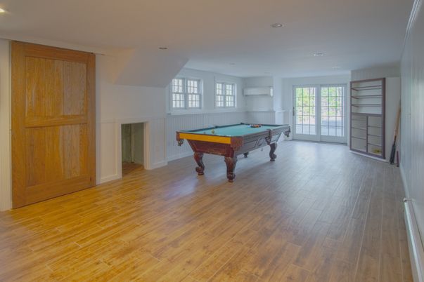 Billiard Table, Game Room, Interior, Recessed Lighting, Wood Texture Flooring