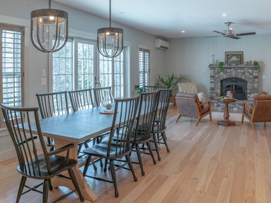 Dining room, Fireplace, Interior, Pendant Lights, Recessed Lighting, Wood Texture Flooring