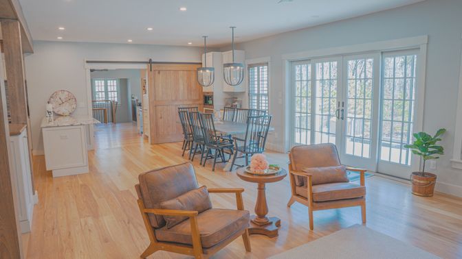 Dining room, Interior, Kitchen, Pendant Lights, Recessed Lighting, Wood Texture Flooring