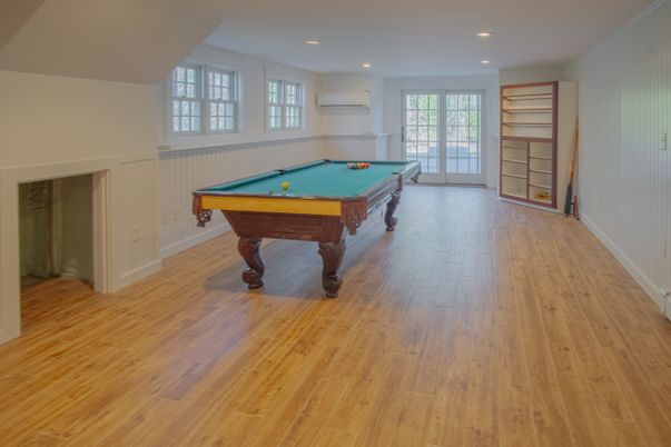 Billiard Table, Game Room, Interior, Recessed Lighting, Wood Texture Flooring