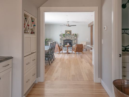 Dining room, Fireplace, Interior, Living room, Recessed Lighting, Wood Texture Flooring