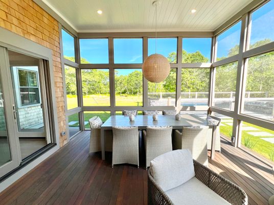 Interior, Pendant Lights, Recessed Lighting, Sun Room, Wood Texture Flooring