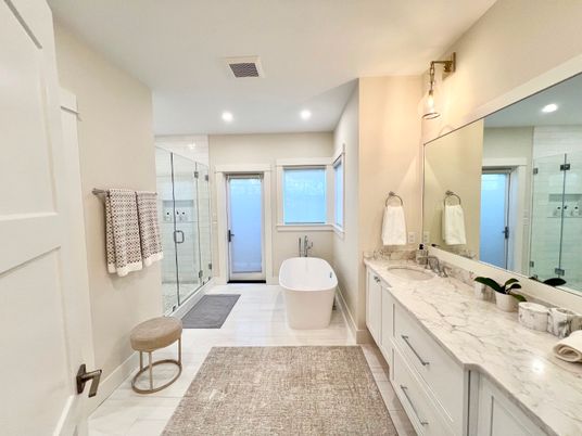 Bathroom, Dual Sink Vanities, Free Standing Baths, Glass Shower, Interior, Recessed Lighting