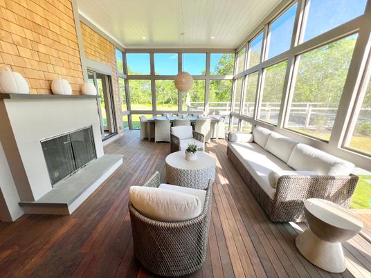 Dining room, Fireplace, Interior, Living room, Pendant Lights, Recessed Lighting, Sun Room, Wood Texture Flooring