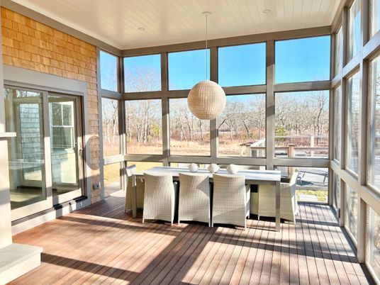 Dining room, Interior, Pendant Lights, Stone Walls, Sun Room, Wood Texture Flooring