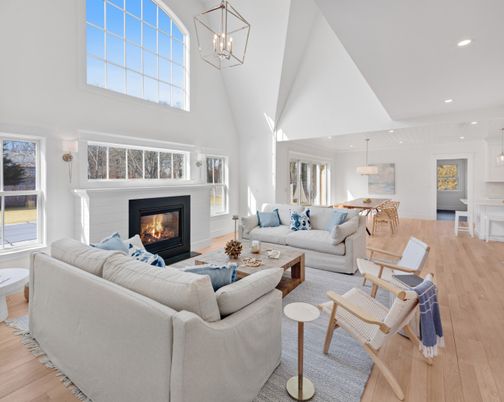 Dining room, Fireplace, Interior, Living room, Pendant Lights, Recessed Lighting, Wood Texture Flooring