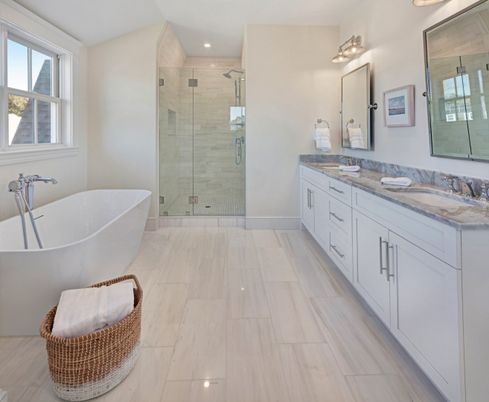 Bathroom, Dual Sink Vanities, Free Standing Baths, Glass Shower, Interior, Marble, Recessed Lighting