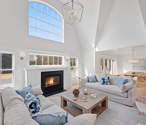 Dining room, Fireplace, Interior, Living room, Pendant Lights, Recessed Lighting, Wood Texture Flooring