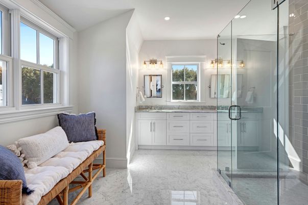 Bathroom, Glass Shower, Interior, Marble, Recessed Lighting