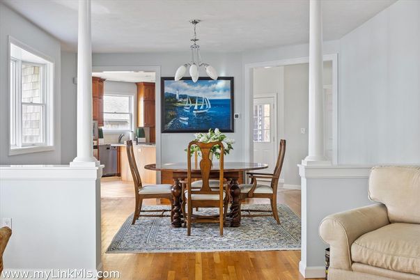 Dining room, Interior, Pendant Lights, Wood Texture Flooring