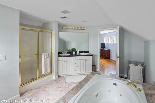 Bathroom, Dual Sink Vanities, Glass Shower, Interior, Wood Texture Flooring