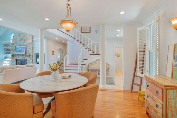 Dining room, Fireplace, Interior, Living room, Pendant Lights, Recessed Lighting, Stone Walls, Wood Texture Flooring