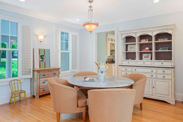Dining room, Interior, Pendant Lights, Recessed Lighting, Wood Texture Flooring