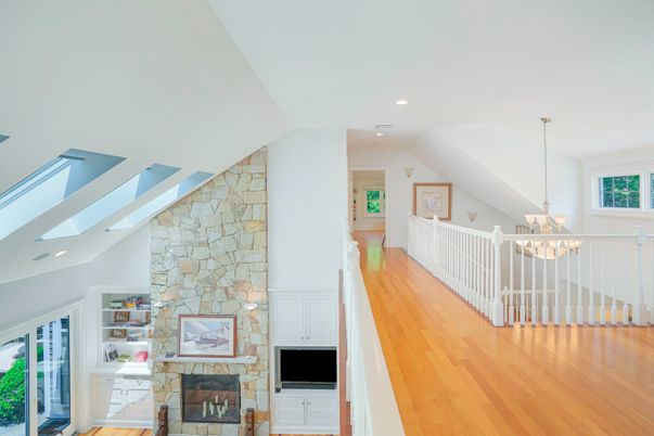 Fireplace, Interior, Pendant Lights, Recessed Lighting, Stone Walls, Wood Texture Flooring