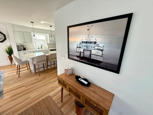 Dining room, Interior, Kitchen, Pendant Lights, Wood Texture Flooring