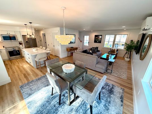 Dining room, Interior, Kitchen, Living room, Pendant Lights, Recessed Lighting, Stainless Steel Appliances, Wood Texture Flooring