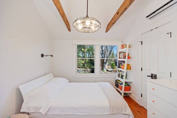 Bedroom, Interior, Pendant Lights, Wooden Beams, Wood Texture Flooring