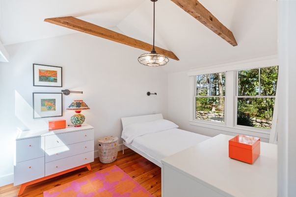 Bedroom, Interior, Pendant Lights, Wooden Beams, Wood Texture Flooring
