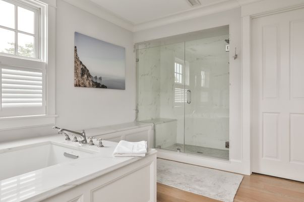 Bathroom, Glass Shower, Interior, Marble Walls, Wood Texture Flooring