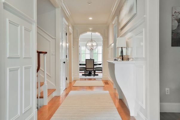 Chandelier, Home Office, Interior, Recessed Lighting, Wood Texture Flooring
