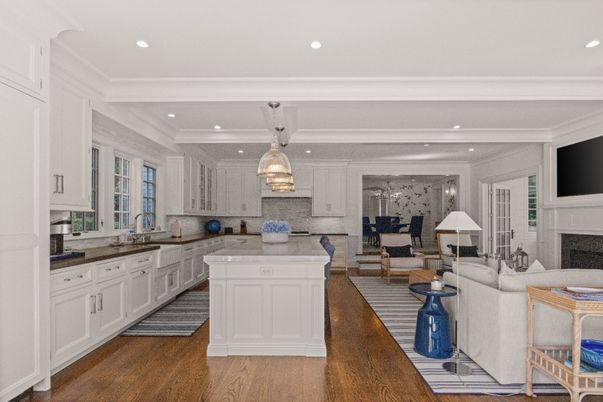 Fireplace, Interior, Kitchen, Living room, Pendant Lights, Recessed Lighting, Wood Texture Flooring